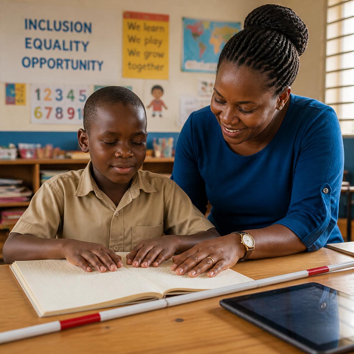 A boy reading braille with his teacher, with a white cane and tablet on the desk