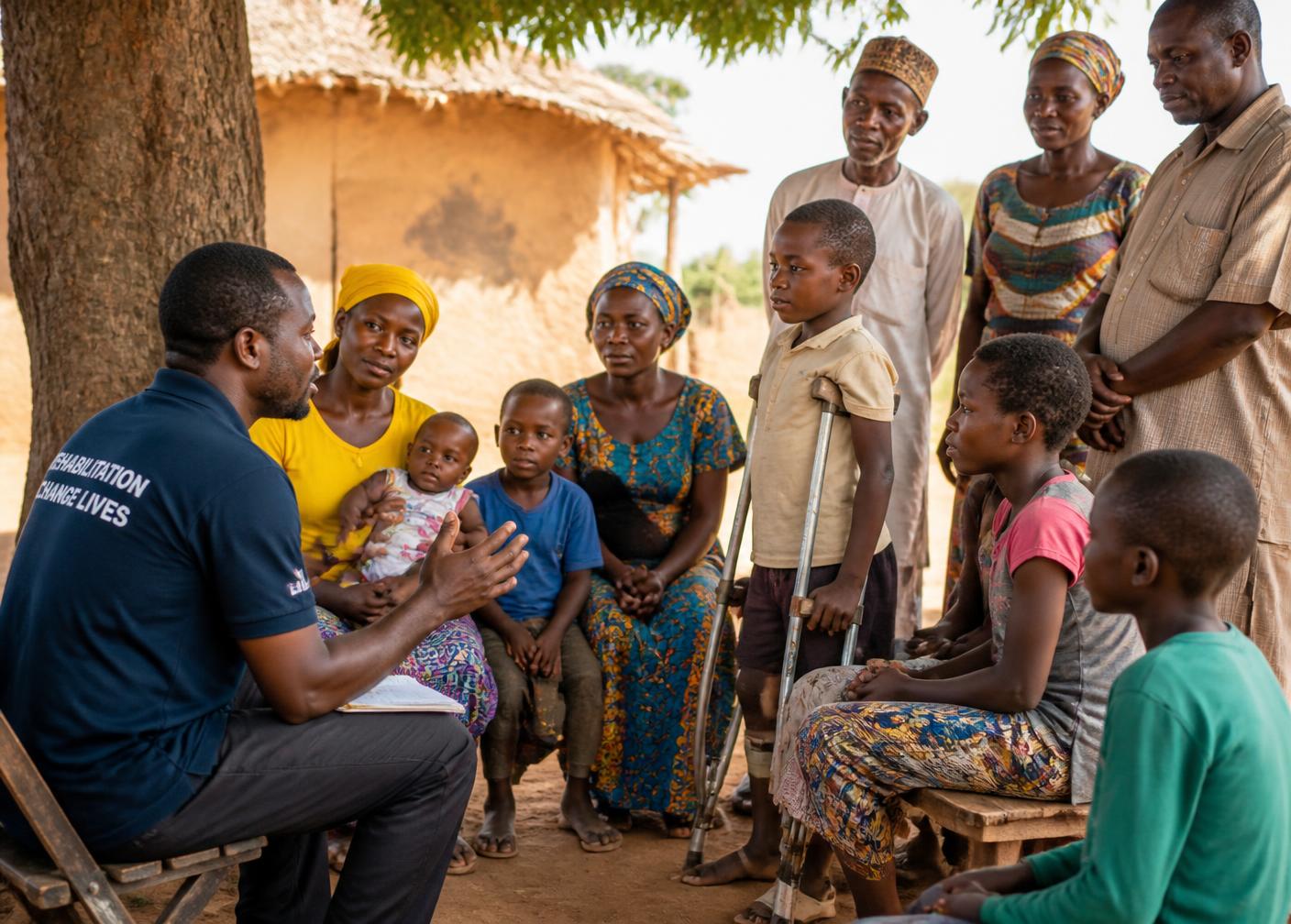 A rehabilitation worker meeting families and local leaders during community outreach