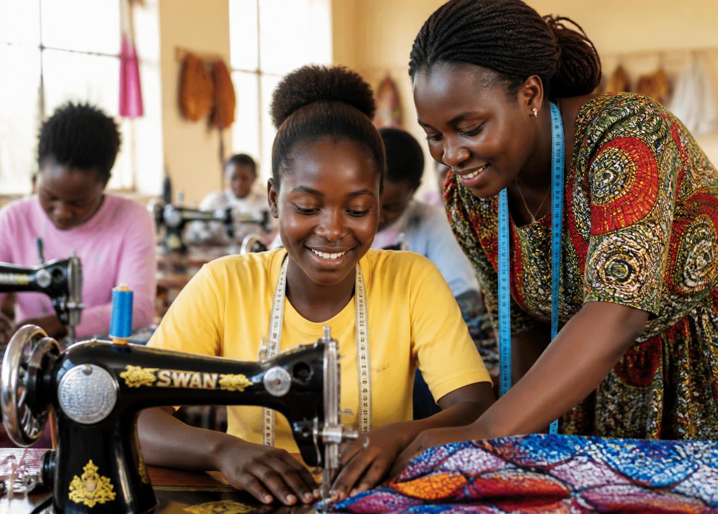 A young person learning tailoring at a sewing machine